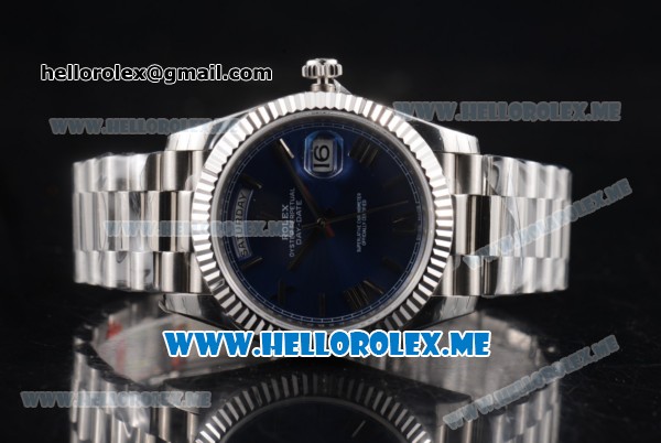 Rolex Day-Date Clone Rolex 3255 Automatic Stainless Steel Case/Bracelet with Dark Blue Dial and Roman Numeral Markers - Click Image to Close